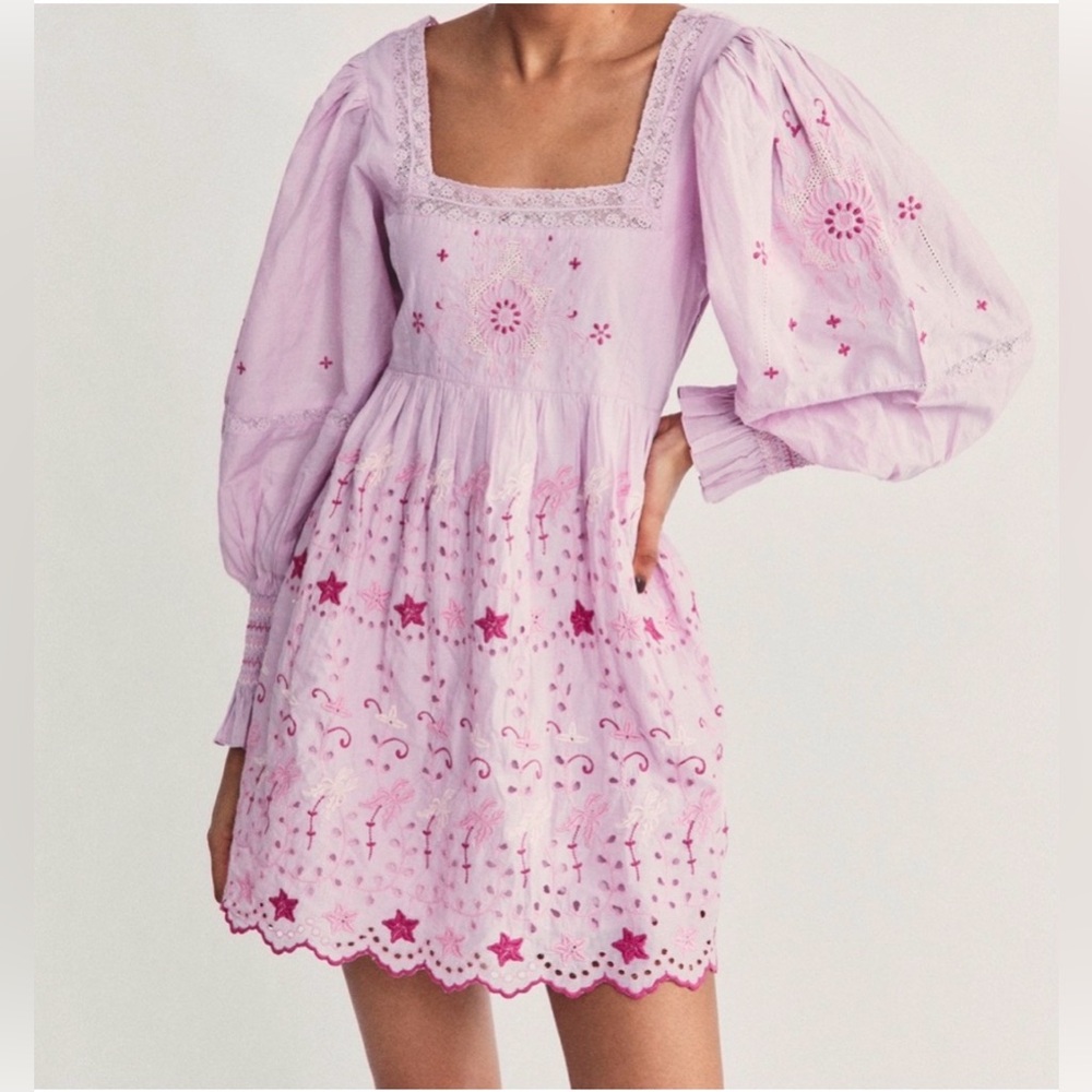 LoveShackFancy Freja Mini Dress Lavender Fields embroidered smocked eyelet sz 2